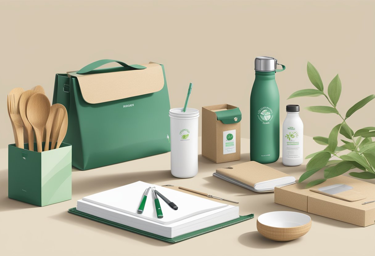 A table with eco-friendly corporate gifts displayed, including reusable water bottles, bamboo utensil sets, and recycled notebooks