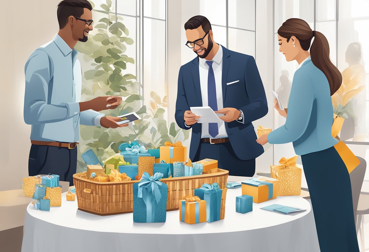 A table adorned with elegant gift baskets and branded merchandise, surrounded by corporate professionals exchanging business cards and engaging in conversation