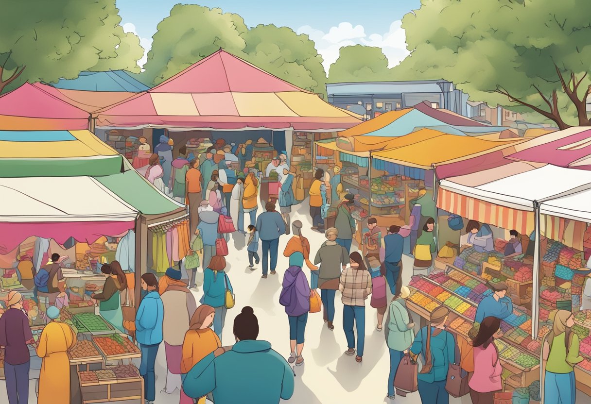 A bustling gift market with colorful stalls and shoppers browsing. Signs display "Frequently Asked Questions" and vendors offer unique items