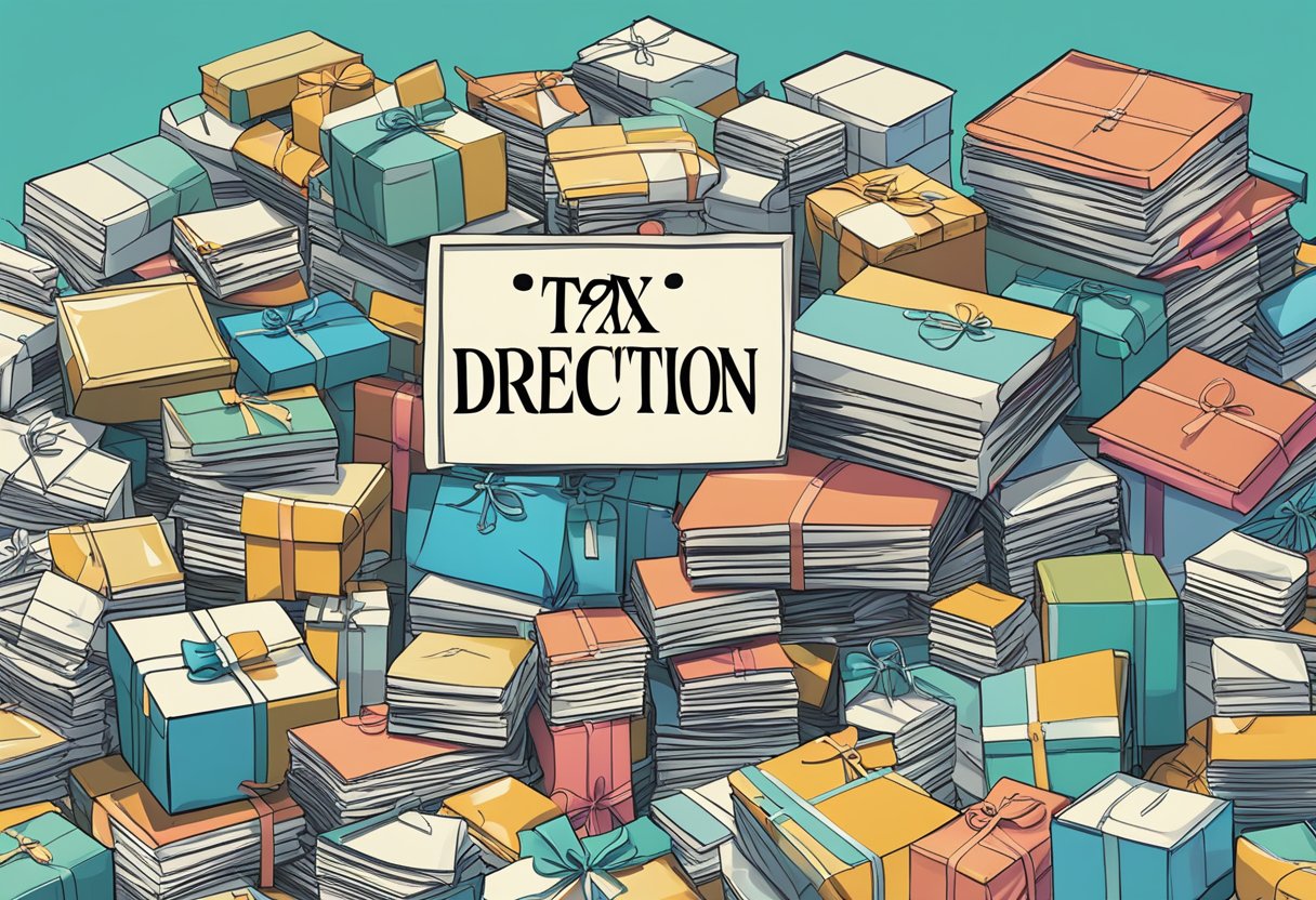 A pile of corporate gifts labeled "Director" with a tax deduction sign nearby