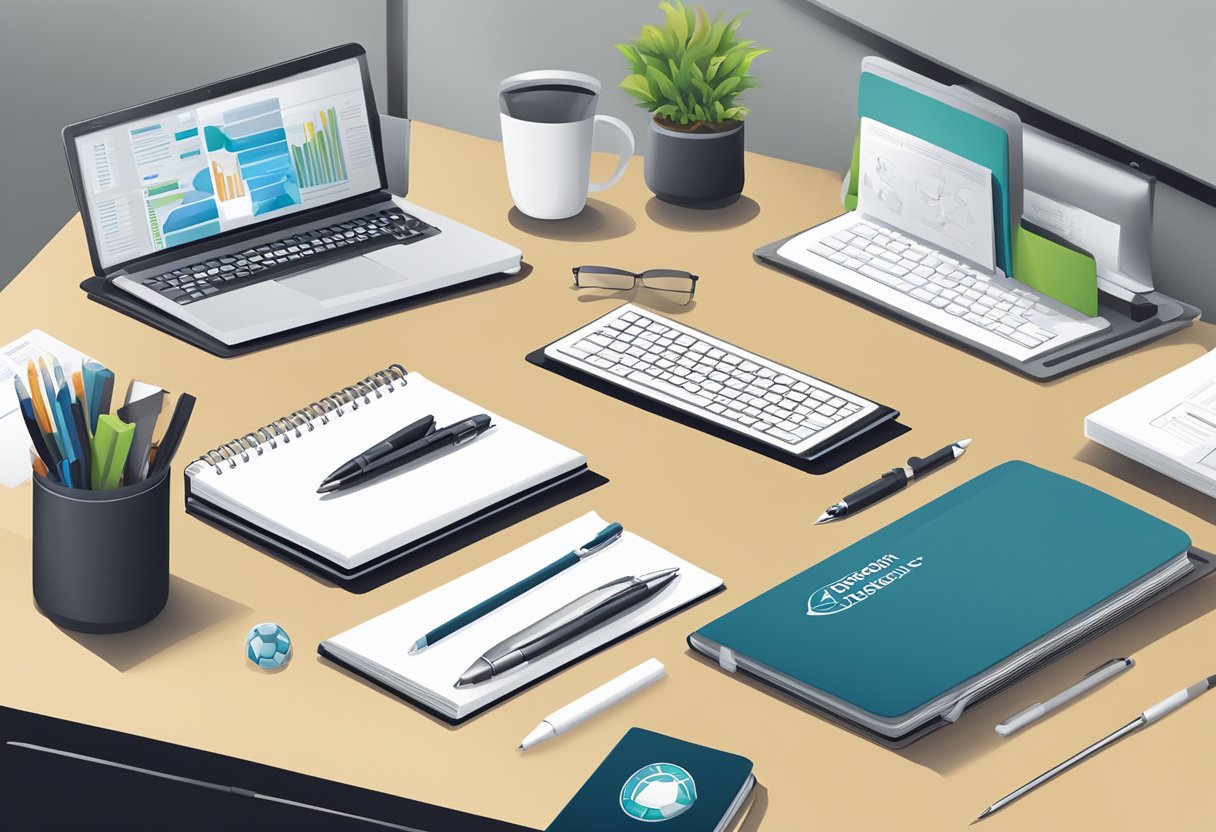 A table with various corporate gifts displayed, including branded pens, notebooks, and electronic gadgets. The background features a modern, professional office setting with clean lines and neutral colors