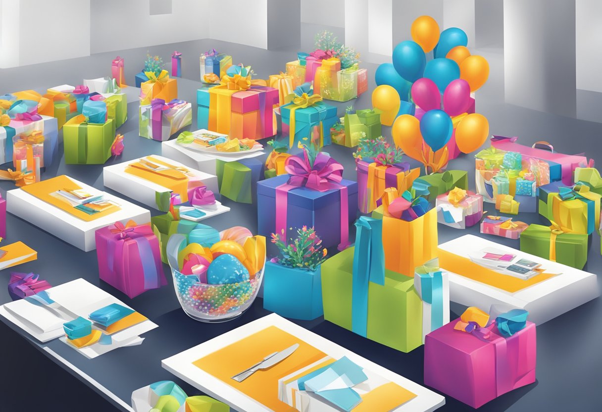 A table adorned with branded corporate gifts and promotional materials at a lively corporate event