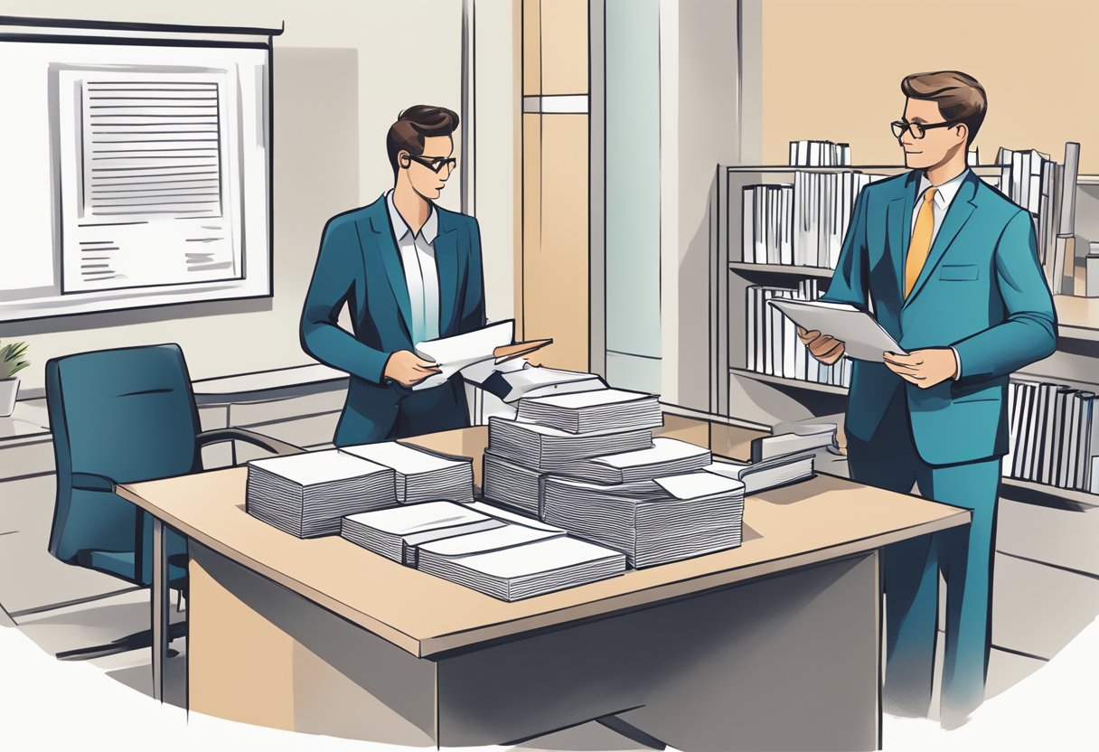 A corporate office setting with a gift being presented to a director, surrounded by documents and a tax form indicating deductibility