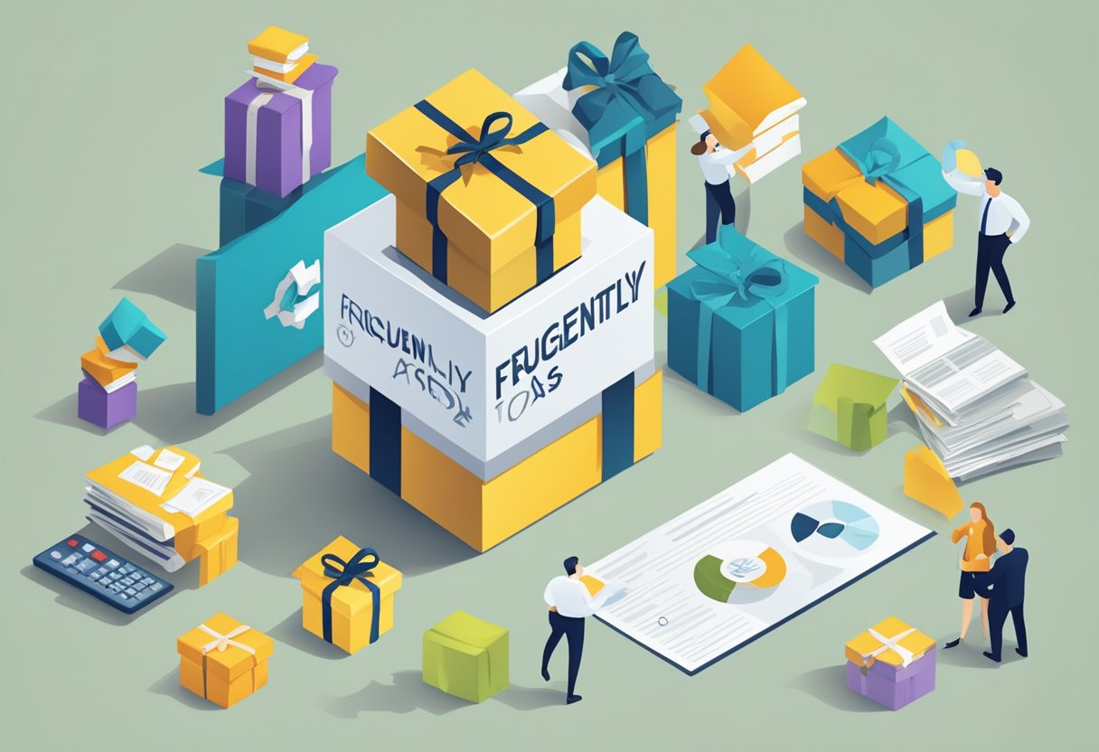 A gift box labeled "Frequently Asked Questions" is presented to a director, with a corporate tax deduction symbol displayed