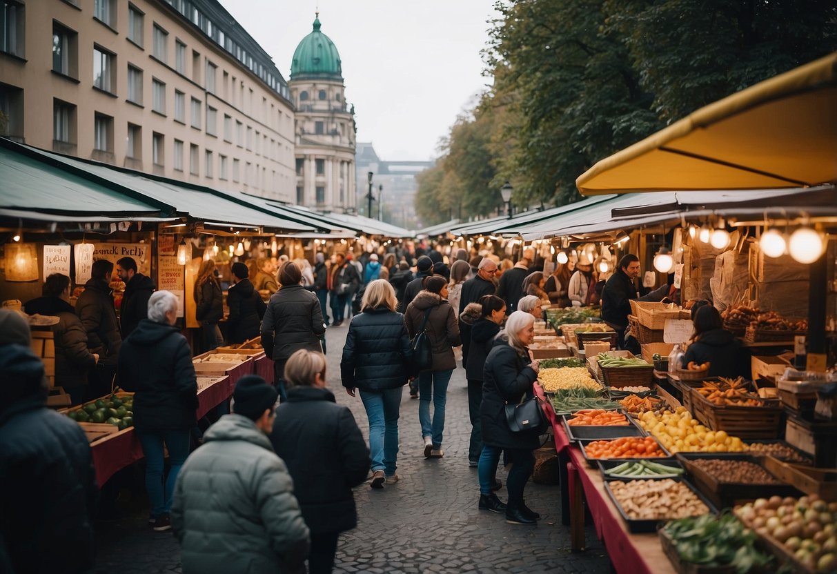 A bustling market in Berlin, filled with colorful stalls and lively vendors. Tourists and locals mingle, sampling street food and browsing handmade crafts