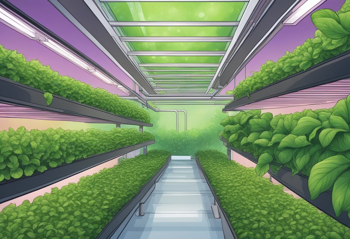 Lush green hydroponic plants grow in a controlled environment, bathed in soft artificial light. Nutrient-rich water circulates through the system, feeding the thriving crops