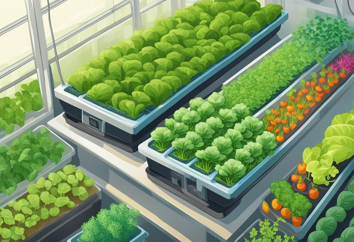 A lush and vibrant hydroponic garden filled with rows of leafy greens, colorful vegetables, and thriving herbs, all growing in nutrient-rich water without soil