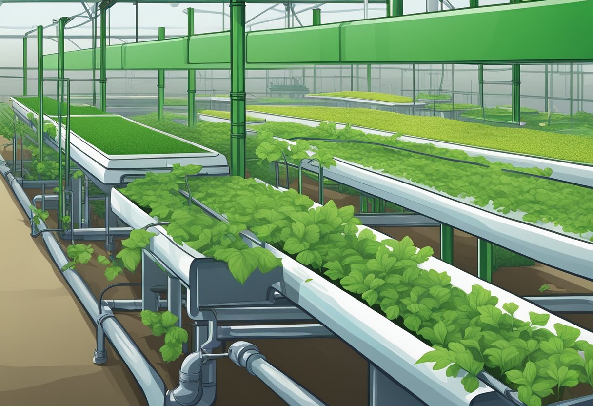 Lush green plants grow in nutrient-rich water, supported by a network of pipes and trays. The vibrant colors and healthy leaves showcase the benefits of hydroponic farming