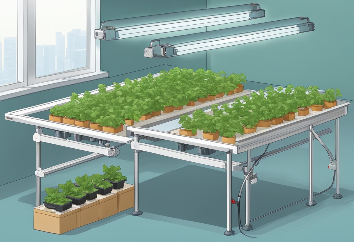 A basic hydroponic system being assembled with clear step-by-step instructions. Various equipment and materials laid out on a clean, well-lit work surface