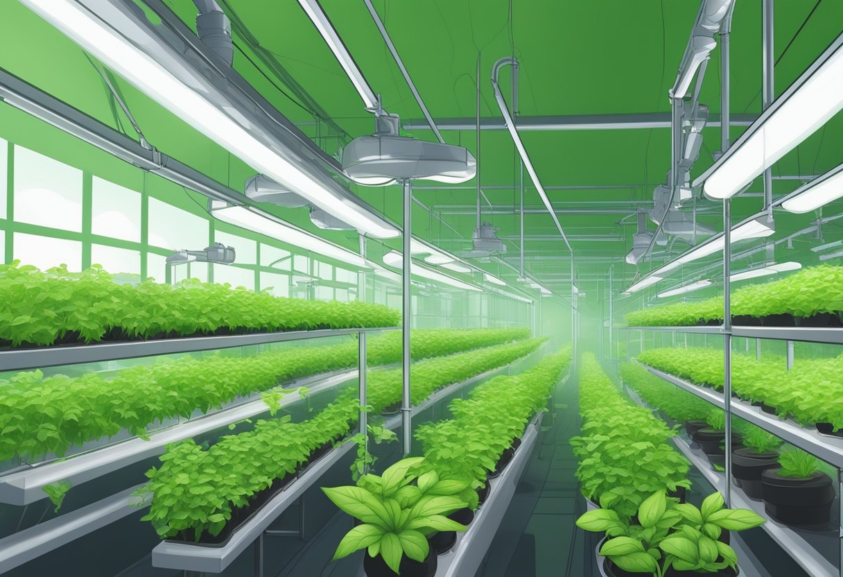 Lush green plants thrive in nutrient-rich hydroponic solution, surrounded by tubes and tanks in a controlled indoor environment