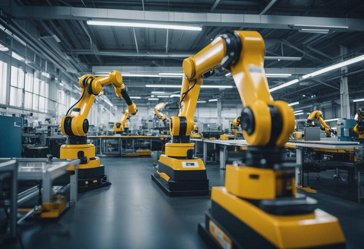 Robots in a factory assembling parts with precision and efficiency. Conveyor belts moving materials. Robotic arms welding and painting. Sensors detecting and guiding movements