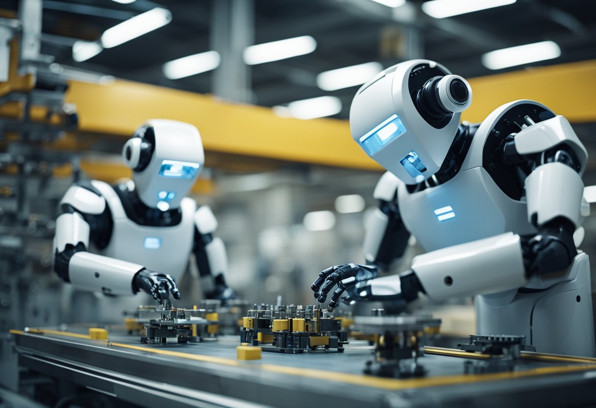 Robots assembling products in a factory using precision movements and sensors