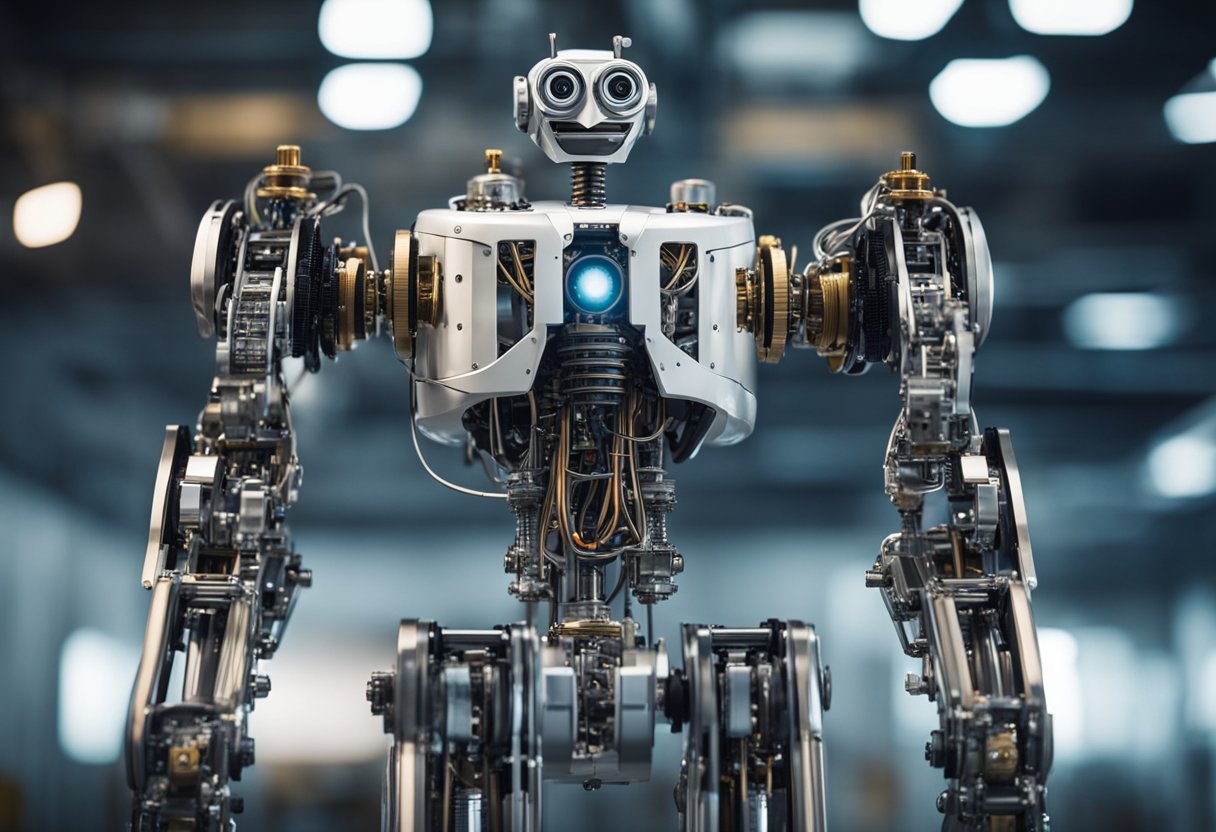 A robot's mechanical structure includes components like gears, motors, sensors, and circuit boards. The robot stands tall, with its various parts interconnected and functioning together seamlessly