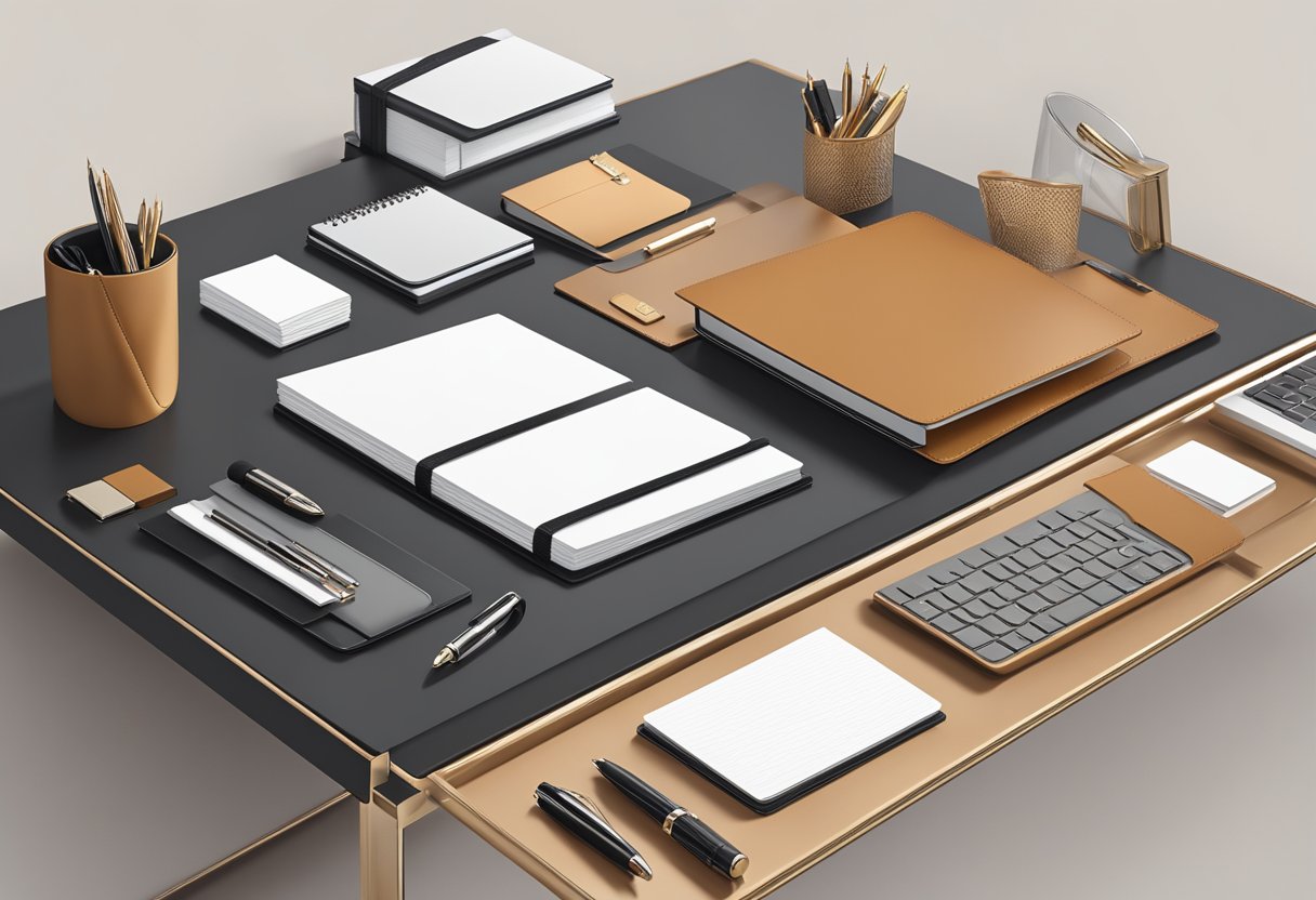 A sleek, modern office desk adorned with luxury corporate gifts: leather-bound notebooks, engraved pens, and elegant desk accessories