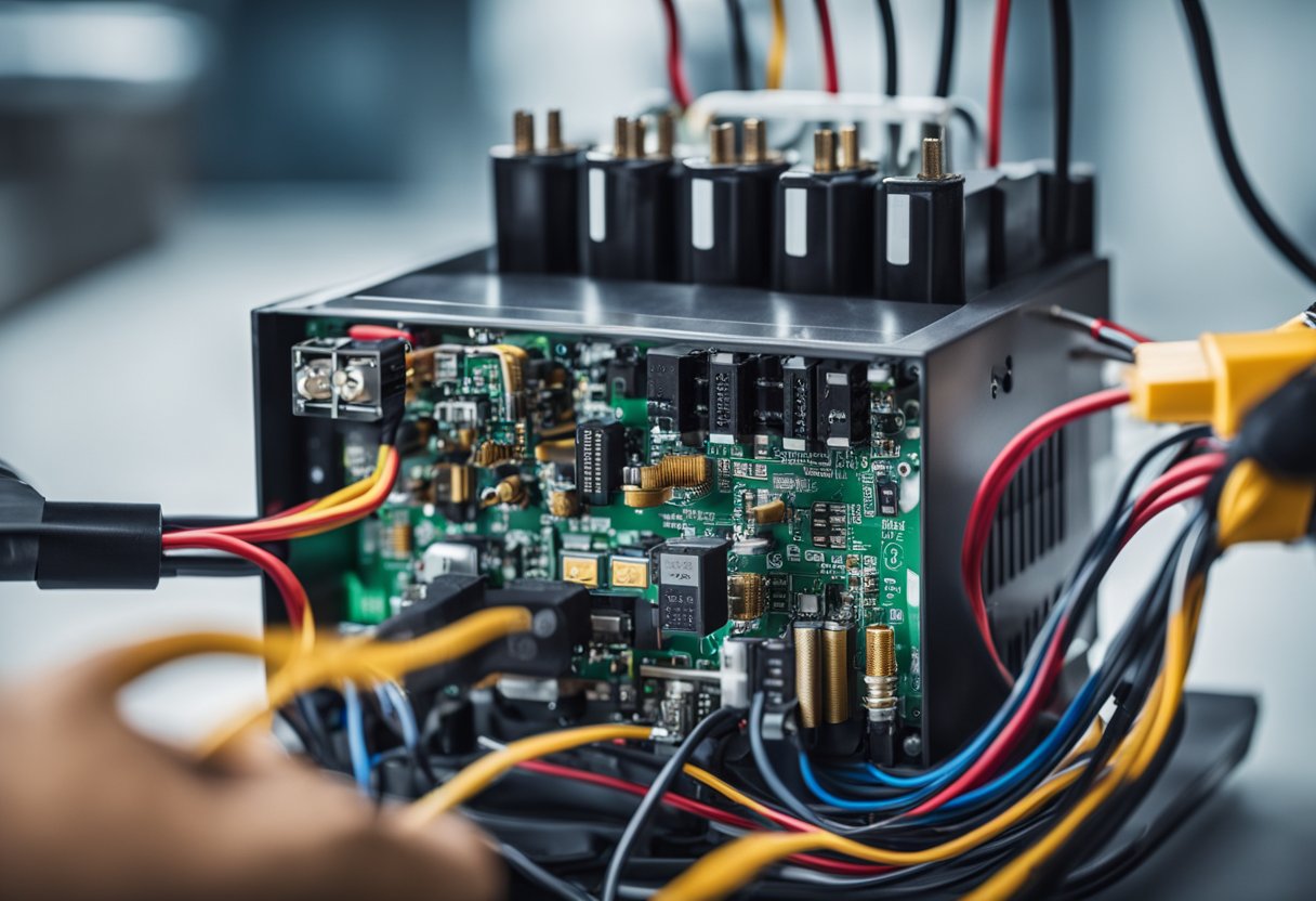 The power supply for a robot includes a battery, wiring, and a voltage regulator. The battery is connected to the regulator through the wiring