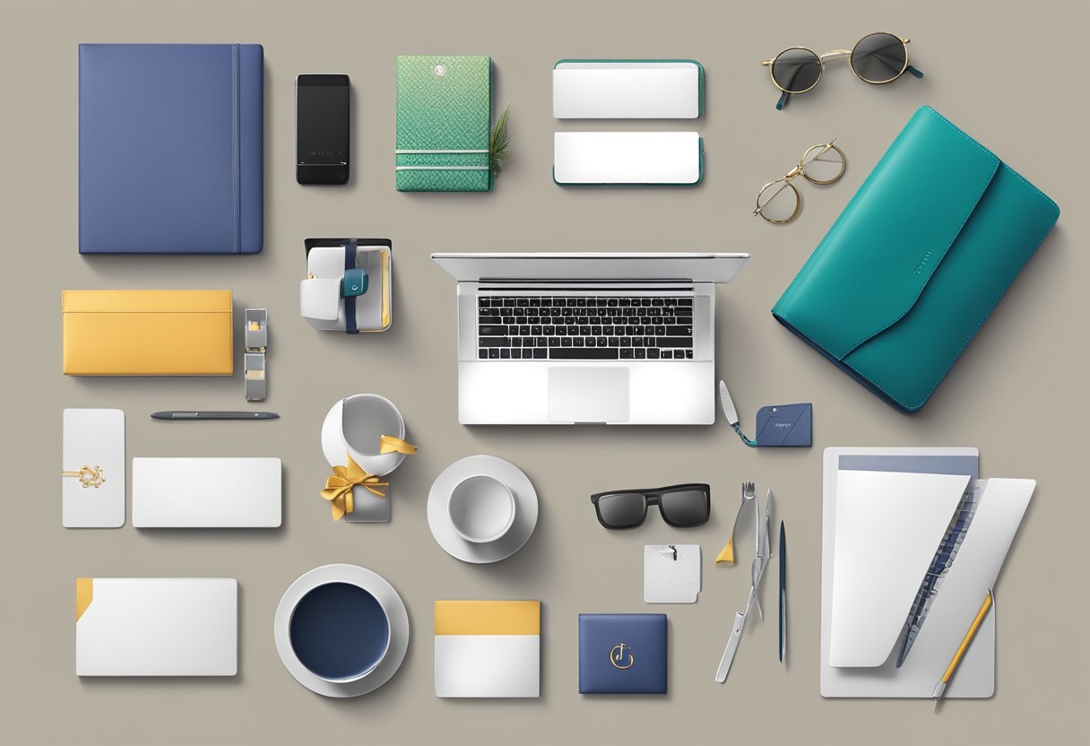 A table showcasing unique corporate gift options, including branded tech gadgets, luxury food items, and personalized stationary sets