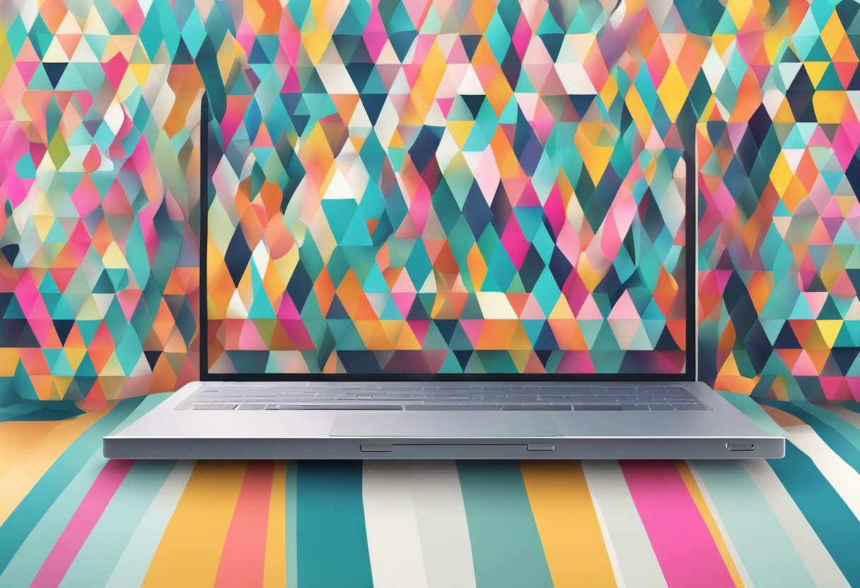 A laptop with a colorful, patterned skin, placed on a clean, modern desk with a sleek, minimalist design