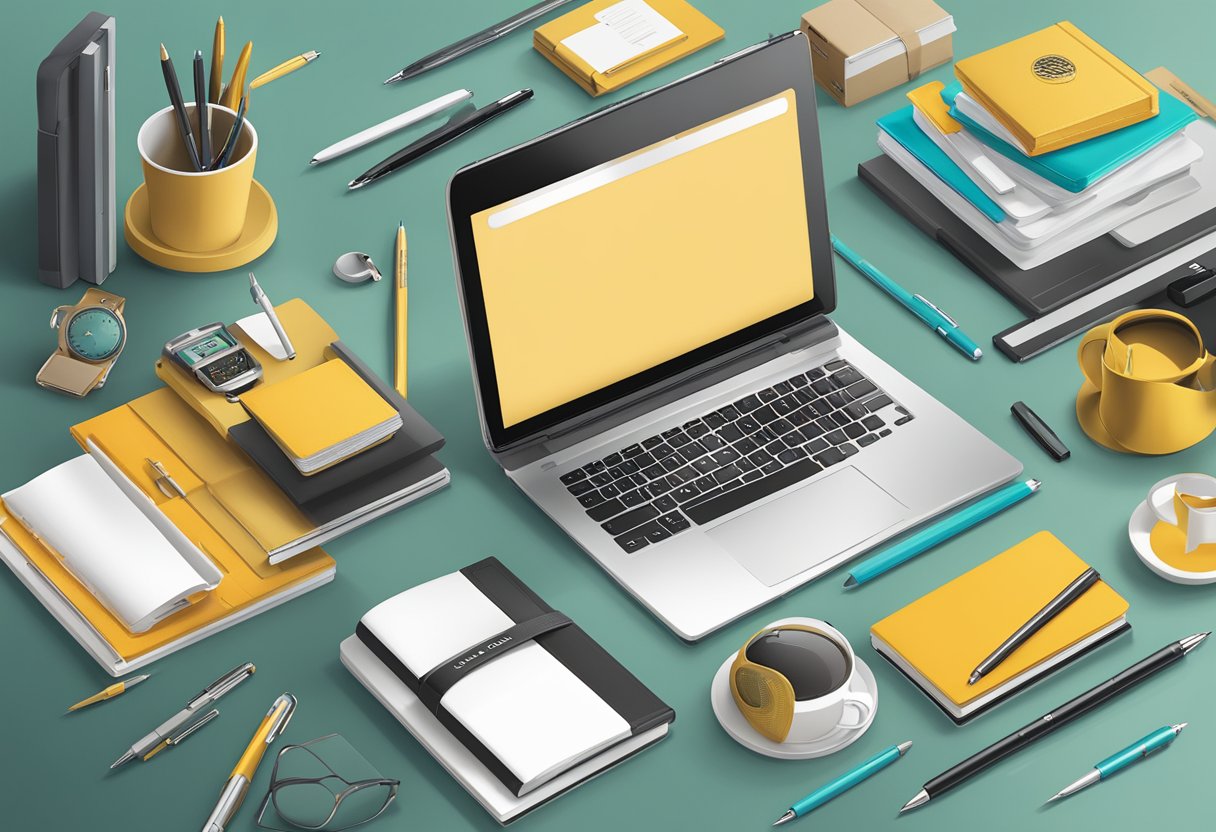 A table with unique corporate gifts: custom pens, branded notebooks, tech gadgets, and stylish desk accessories