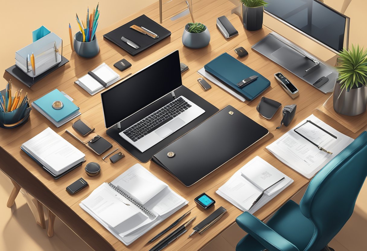 A sleek, modern office setting with a polished wooden desk adorned with luxury corporate gifts such as high-end pens, leather portfolios, and elegant tech gadgets