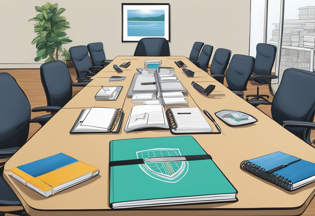 A conference room table adorned with unique corporate gifts - branded notebooks, elegant pen sets, and custom gift baskets