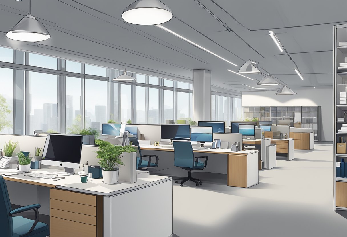 A sleek, modern office space with Kian Chun Corporate Gifts logo prominently displayed. Shelves filled with elegant promotional products and a team of employees working diligently