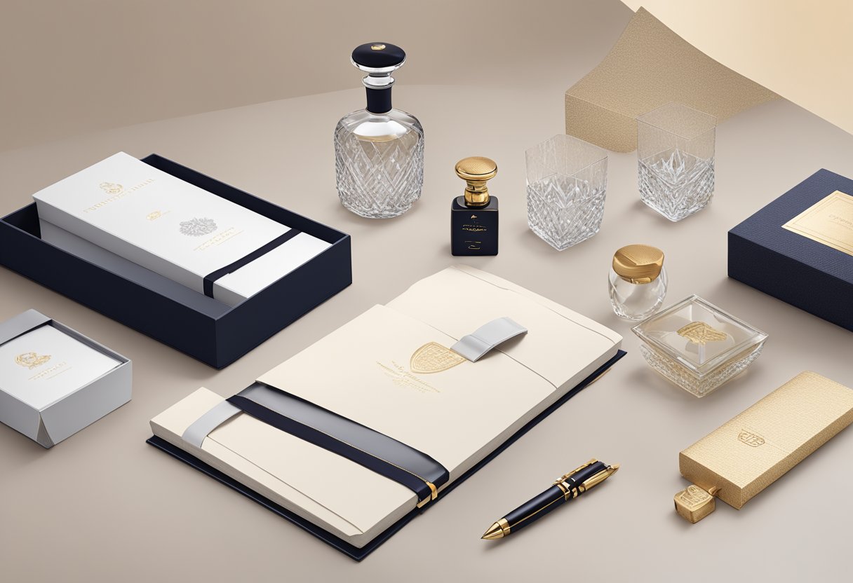 A table with luxury corporate gifts: leather notebooks, crystal decanters, and engraved pens. Surrounding the table are elegant packaging and branding materials