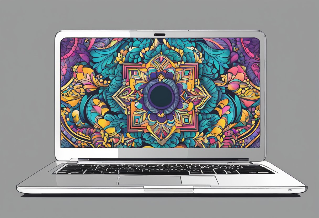 A laptop with a custom skin featuring vibrant colors and intricate patterns, with the design perfectly aligned and fitted to the laptop's dimensions