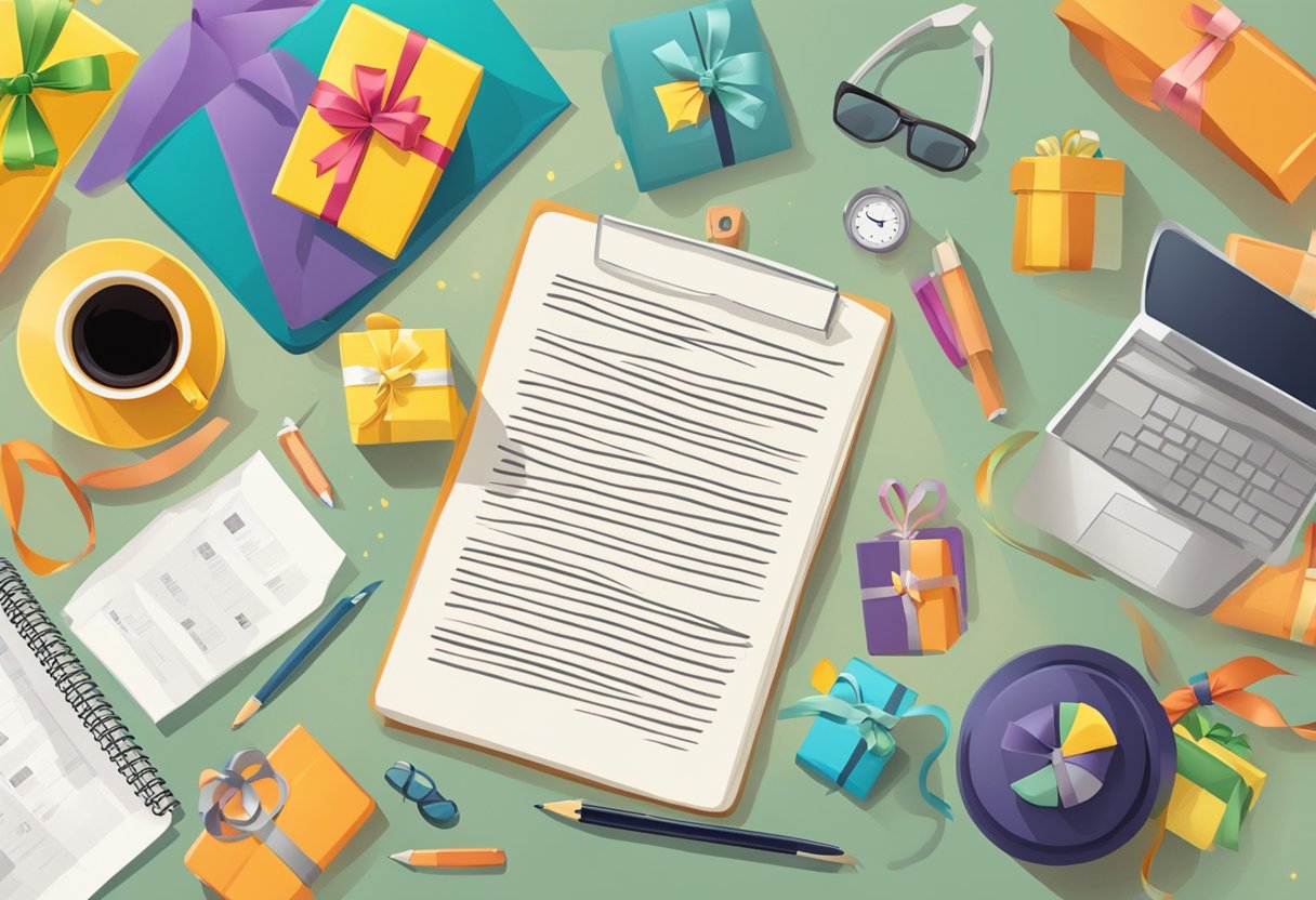 A table with various unique gift items, a sign with "Frequently Asked Questions interesting corporate gift ideas" above it