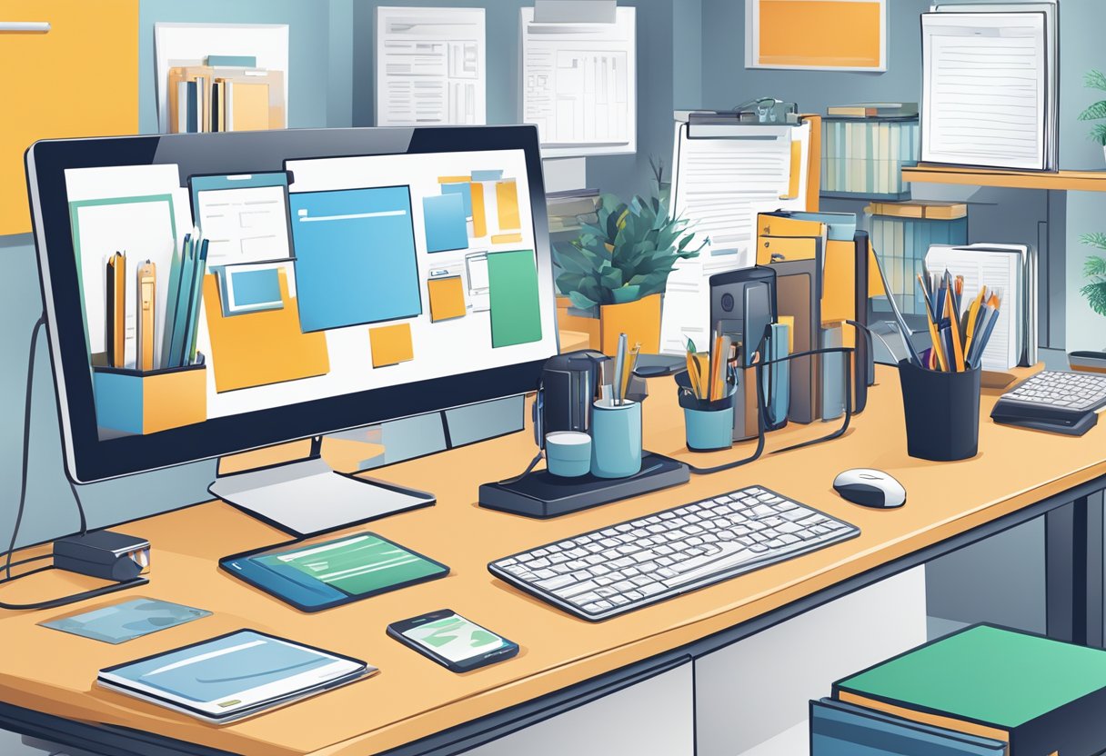 A busy office desk with a computer, phone, and branded corporate gifts displayed. Files and papers are neatly organized