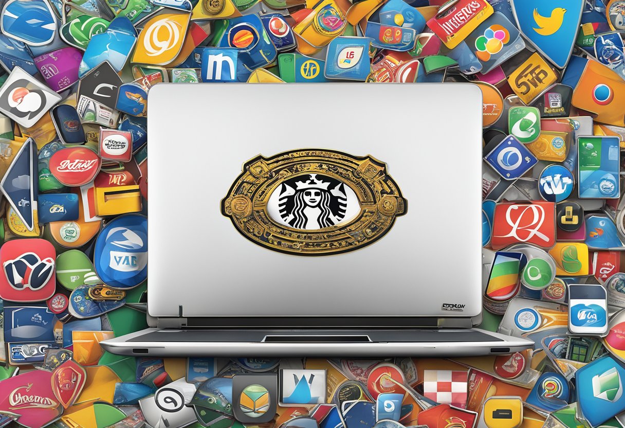 A laptop adorned with various popular brand logos on a sleek, custom-fitted skin