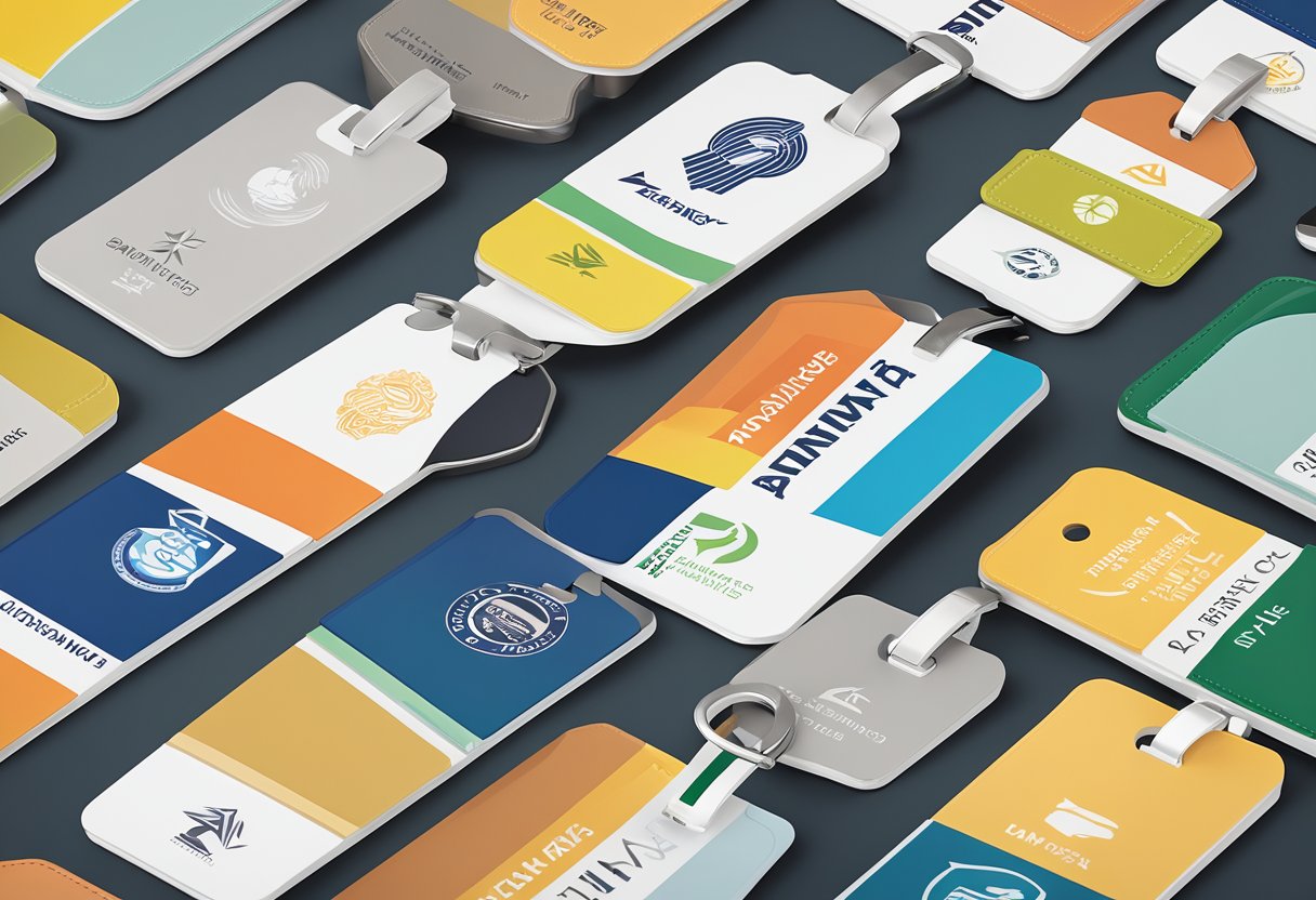 A stack of branded luggage tags arranged on a sleek, modern desk with a logo prominently displayed