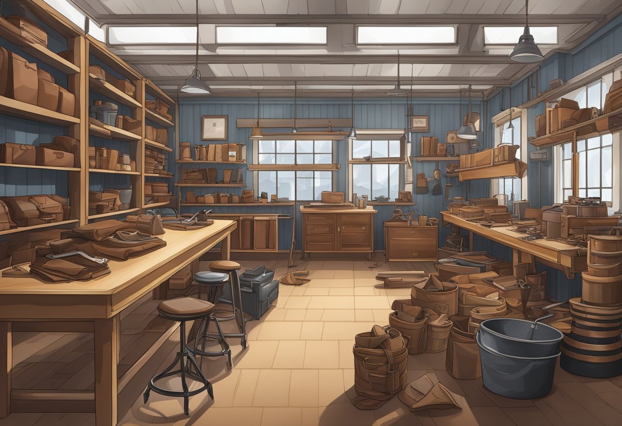 A workshop filled with leather materials and machinery for making corporate gifts