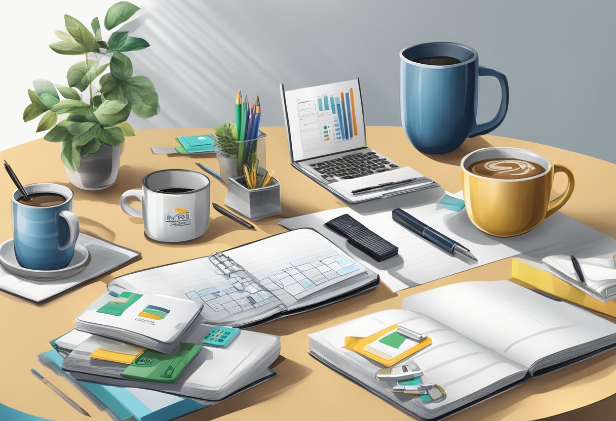A table with various corporate gifts displayed, including pens, mugs, and notebooks. A sign reads "Frequently Asked Questions kian chun corporate gifts."