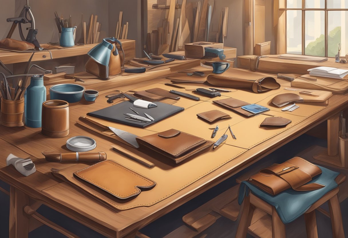A hand reaches for a smooth, supple piece of leather, inspecting its quality for corporate gifts. Tables are lined with various hides, while tools and measuring devices are scattered around the workshop