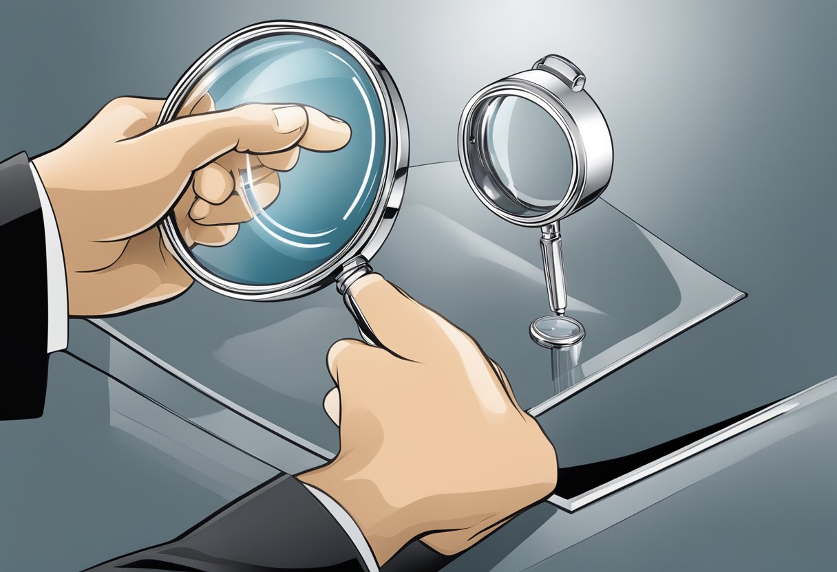 A hand reaches for a sleek, silver magnifying glass from a display of corporate gifts. The glass is engraved with a company logo, catching the light