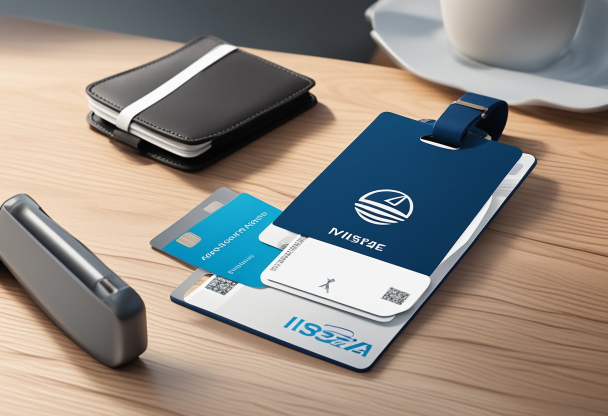 A sleek, modern luggage tag with a corporate logo sits on a polished desk, surrounded by travel brochures and a passport