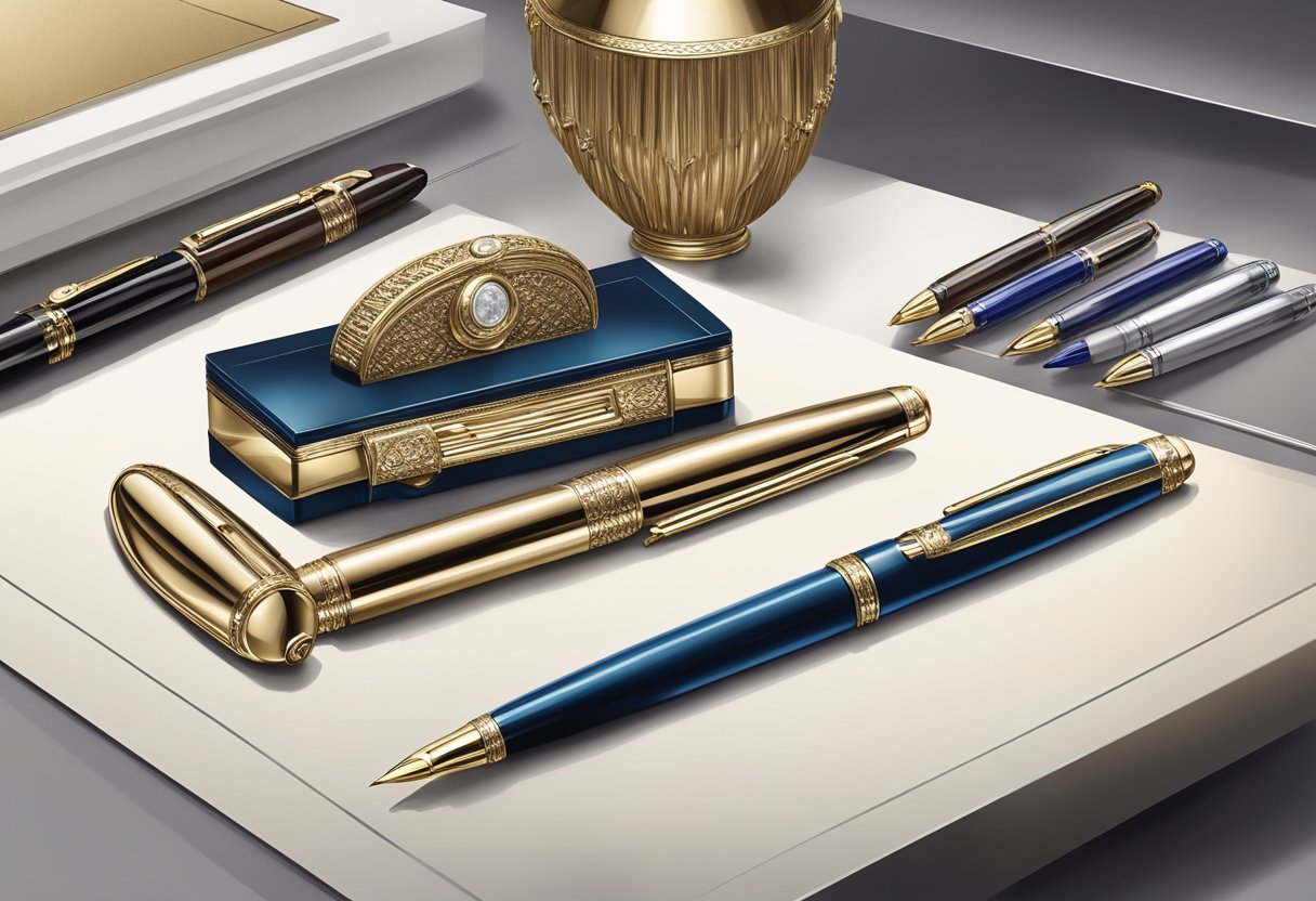 A luxurious office desk adorned with elegant Mont Blanc pens, arranged as corporate gifts