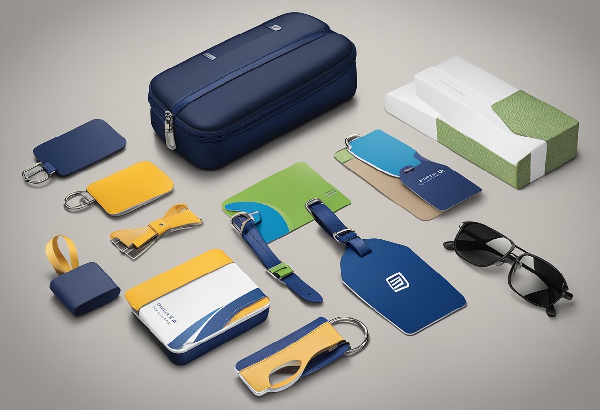A sleek, modern luggage tag with the company logo prominently displayed, surrounded by various travel accessories and gift packaging