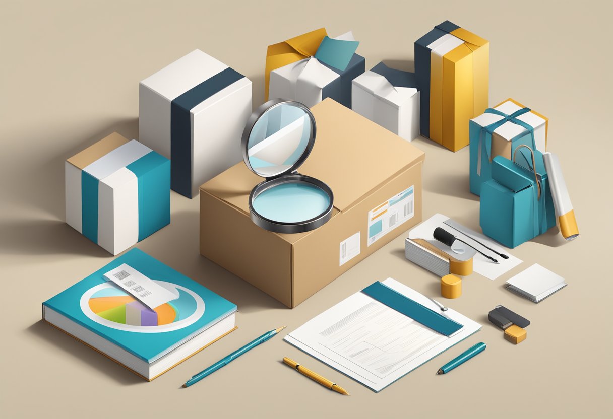 A magnifying glass hovers over a corporate gift box, surrounded by logistics and presentation materials