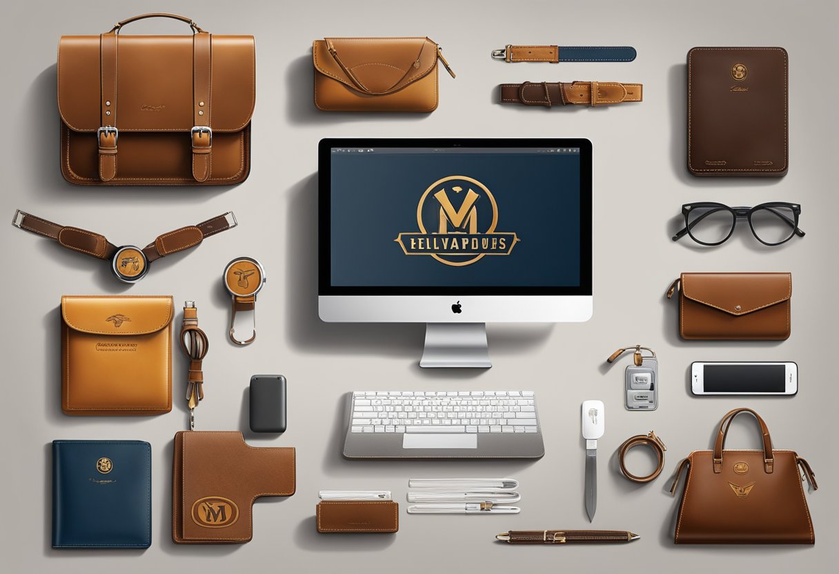 A table scattered with leather products, each uniquely branded with company logos and custom designs