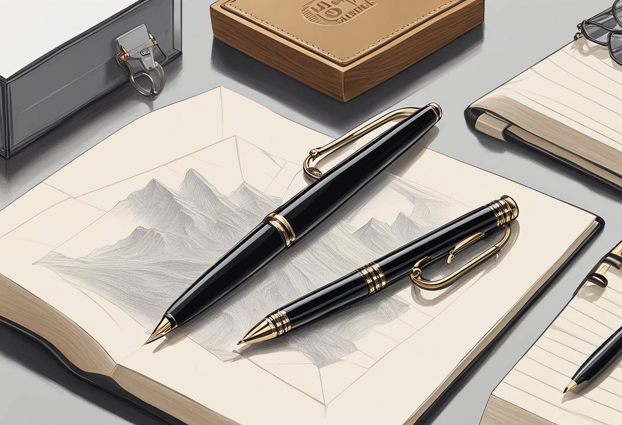 A sleek Mont Blanc pen rests on a polished desk, accompanied by a leather-bound notebook and a personalized gift box