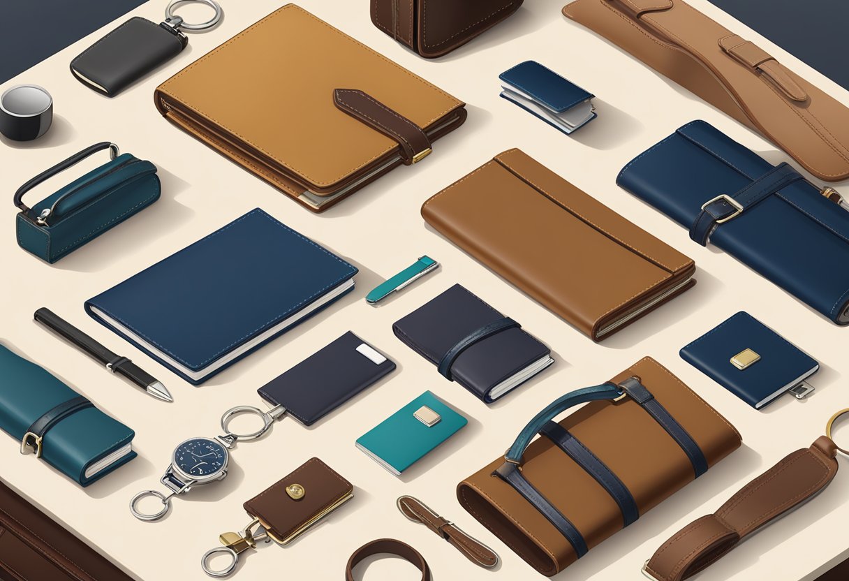 A table with various leather corporate gifts displayed, including notebooks, wallets, and keychains. A sign with "Frequently Asked Questions" is visible