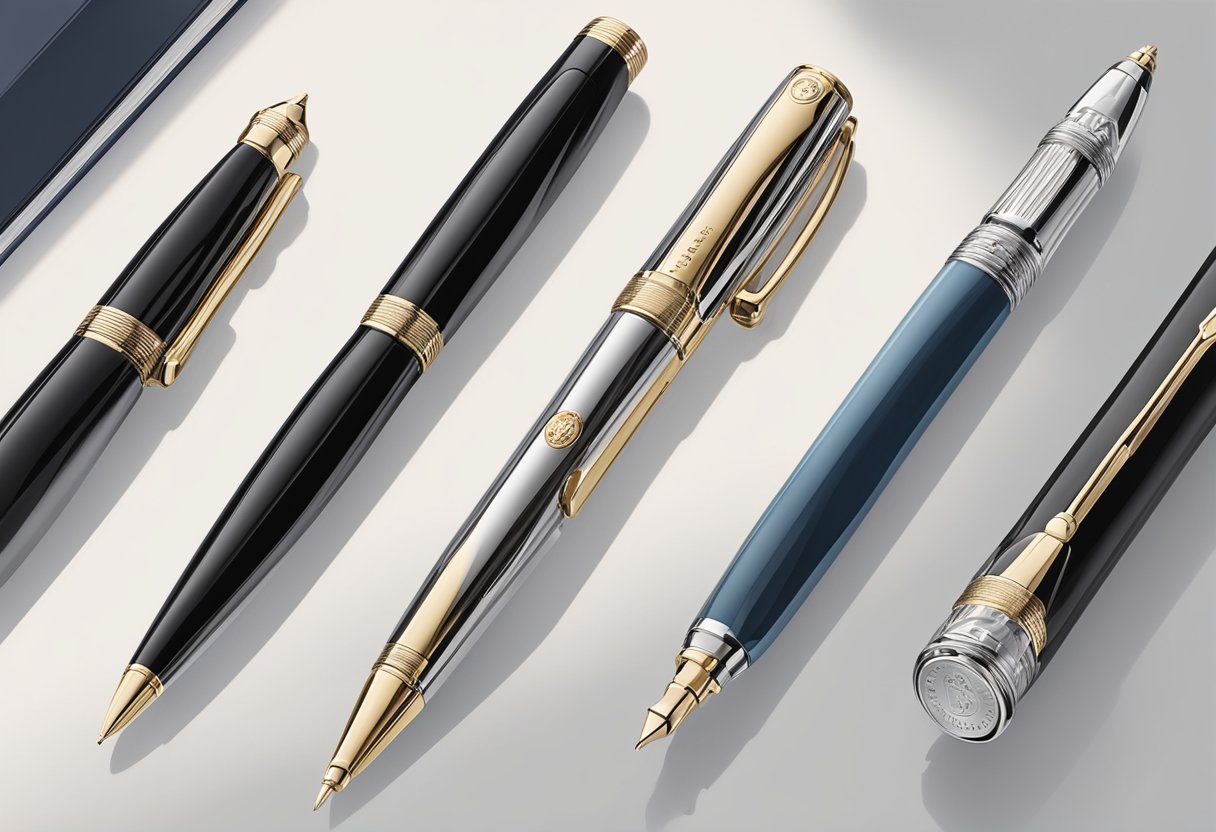 A sleek Montblanc pen sits on a polished desk, surrounded by corporate awards and certificates. A logo is engraved on the pen, signifying a prestigious corporate gift