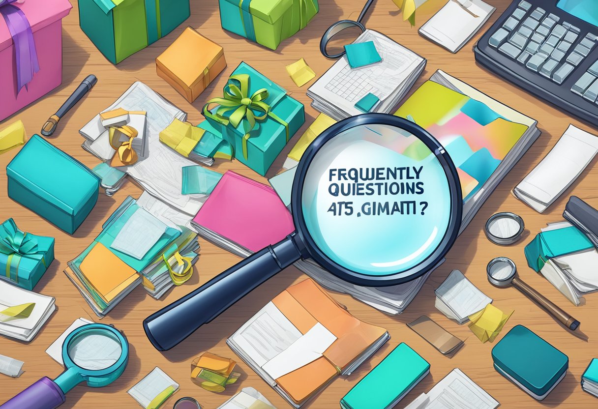 A magnifying glass hovers over a pile of corporate gifts, with a "Frequently Asked Questions" sign in the background