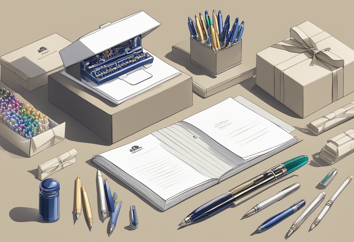 A table adorned with Mont Blanc pens, surrounded by corporate gift boxes and a sign reading "Frequently Asked Questions."