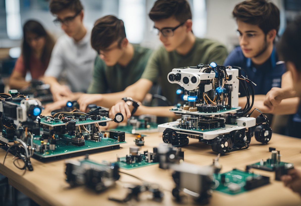 A classroom filled with diverse robotics kits, tools, and computers, with students collaborating on building and programming robots