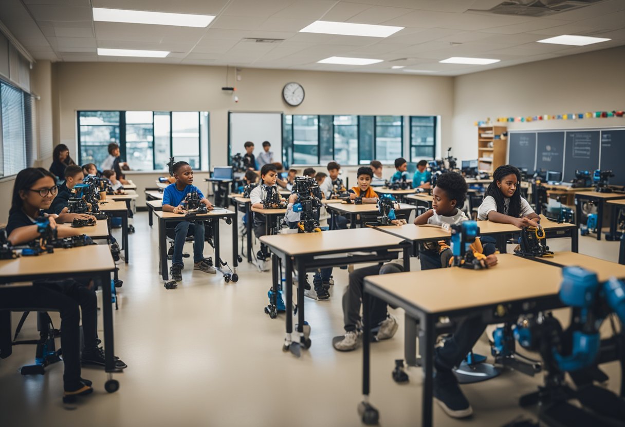 A classroom filled with robotic kits, computers, and eager students learning about the fundamentals of robotics education