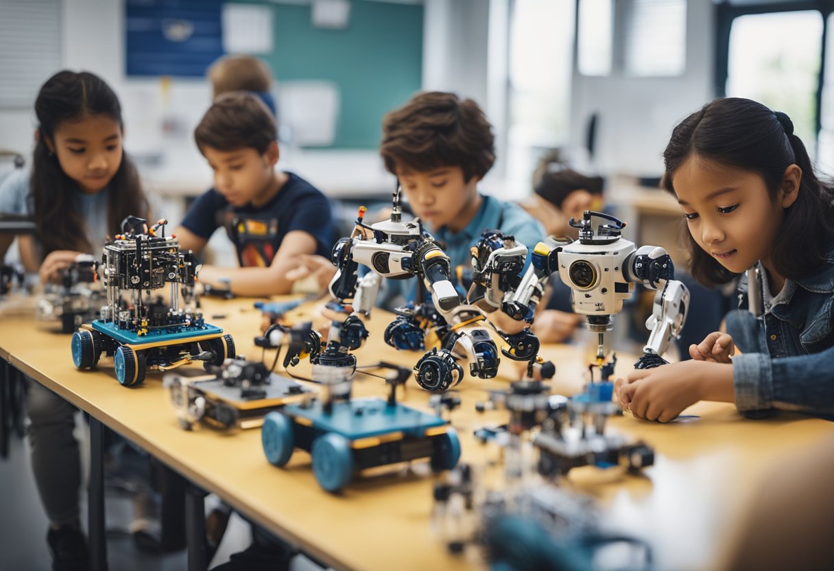 A classroom filled with diverse robotic kits and tools, with children engaged in hands-on activities and experiments, under the guidance of a passionate instructor