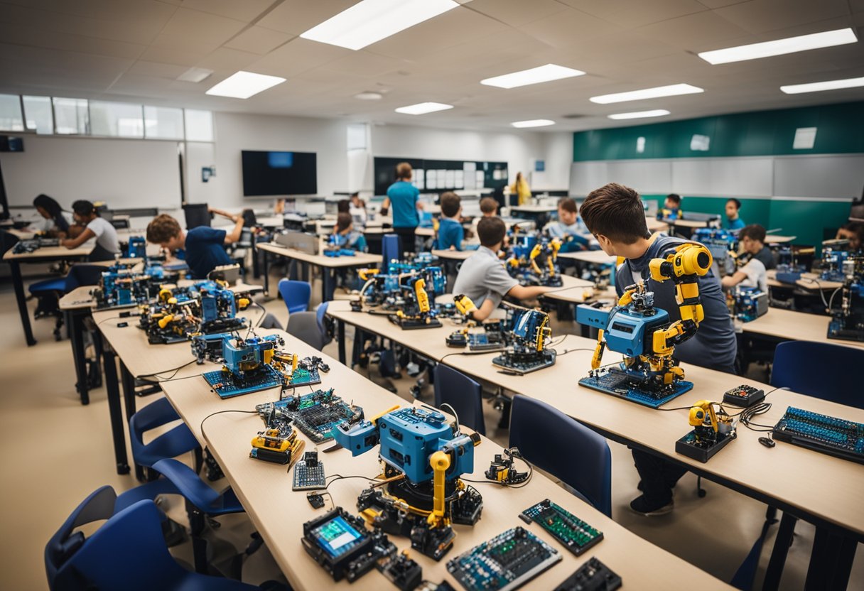 A classroom filled with colorful robotics kits and computers, with students eagerly working on building and programming their own robots