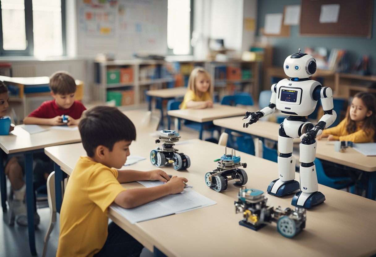 A classroom with robots and children engaged in hands-on activities, surrounded by posters and diagrams about robotics education